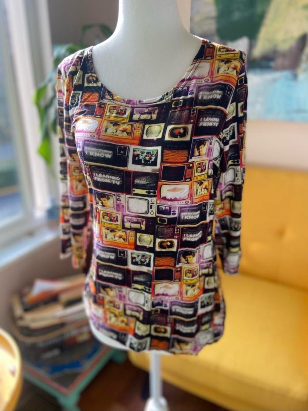 Vintage Multicolor Scoop Neck Top with Retro TV Print